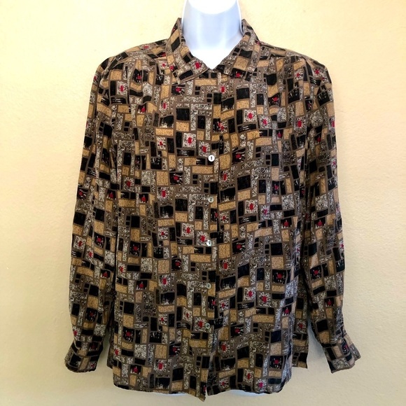 Vintage Bleyle Woman’s Silk Geometric Buttons Front Long Sleeves Blouse Size 14 - Picture 1 of 14